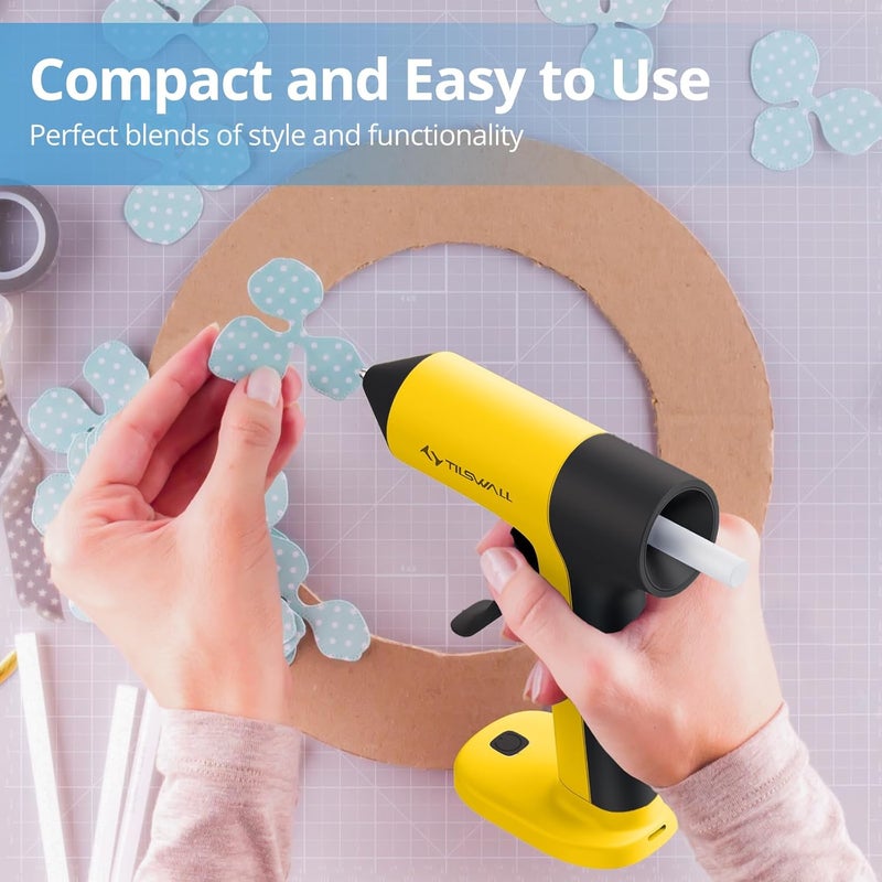 TILSWALL 4V Hot Glue Gun, Glue Gun Cordless with Rapid 30s Preheat, 2000mAh Type-C Rechargeable with 20 Glue Sticks, Anti-drip Nozzle, Auto Shut-Off for Crafting - Yellow - Image 2